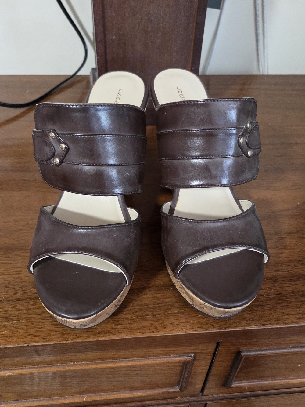 Liz Claiborne Dark Brown Leather Cork Wedge Sandals